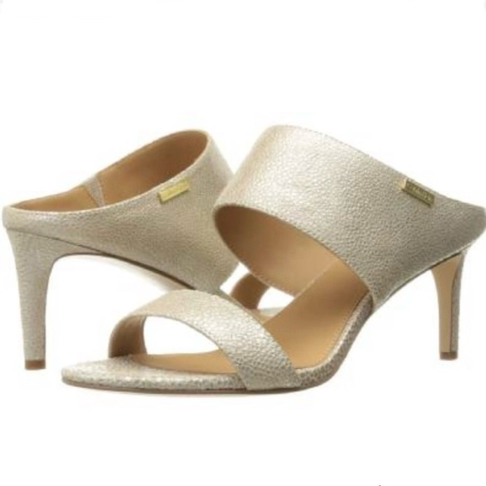 Calvin Klein Cecily Pearlized Glossy Stingray Leather Slide Heel Sandals, Sz 9.5